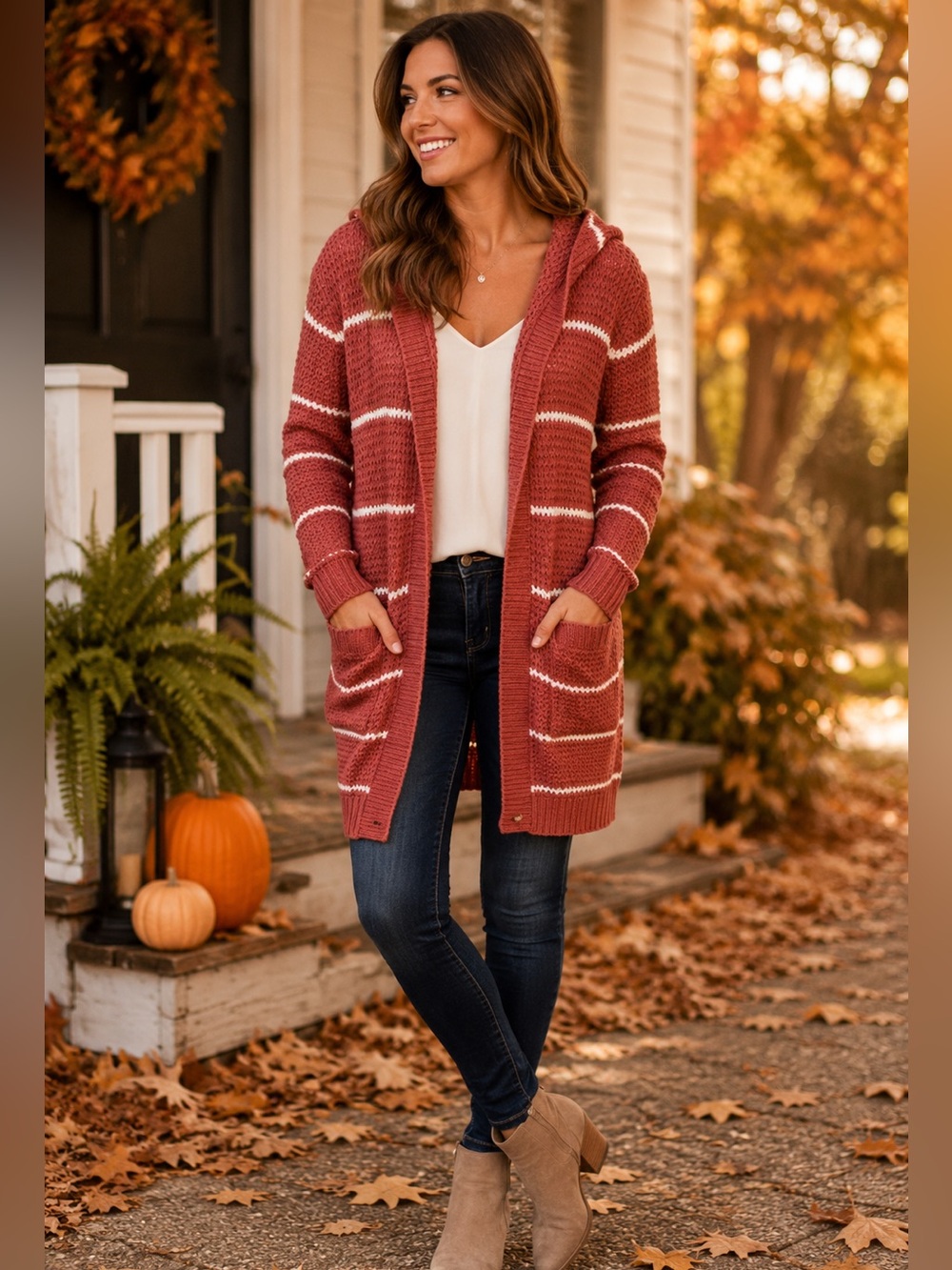 Coco & Shay Striped Hooded Long Cardigan Sweater Women Medium Pockets Rose White
